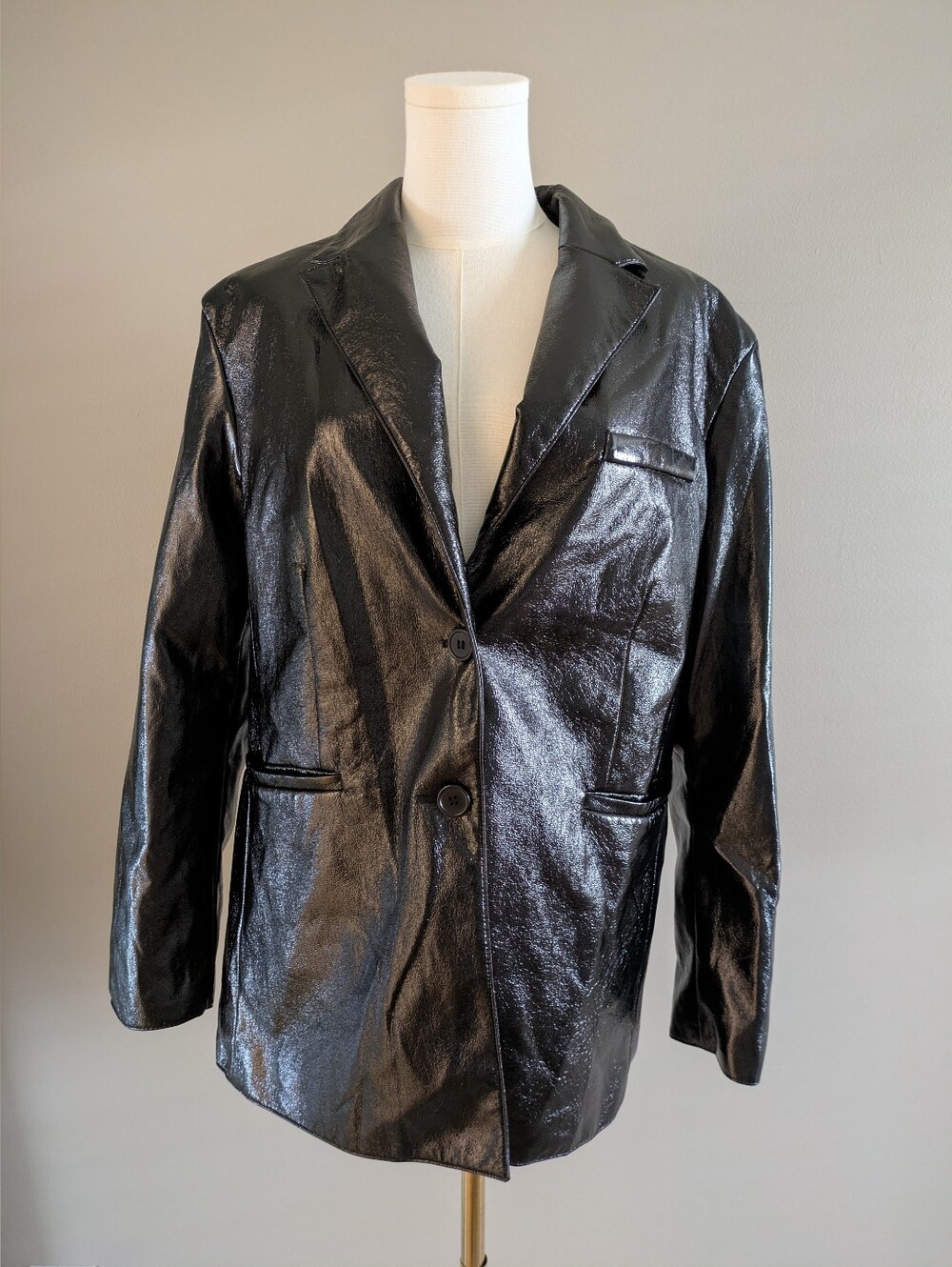 Divided H&M Black Faux Leather Collared V Neck Button Down Long Sleeve Jacket